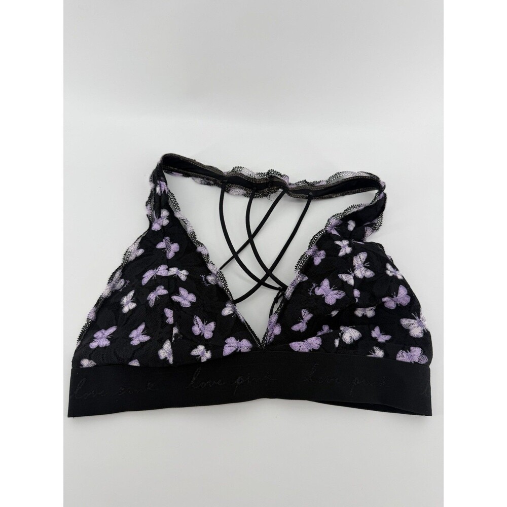 PINK Victoria's Secret Butterfly Bralette M Black Lace Caged Back Wireless